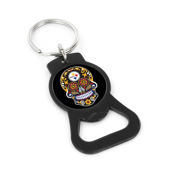 WHOLESALE PITTSBURGH STEELERS SUGAR SKULL (BLACK) BOTTLE OPENER KEYCHAIN