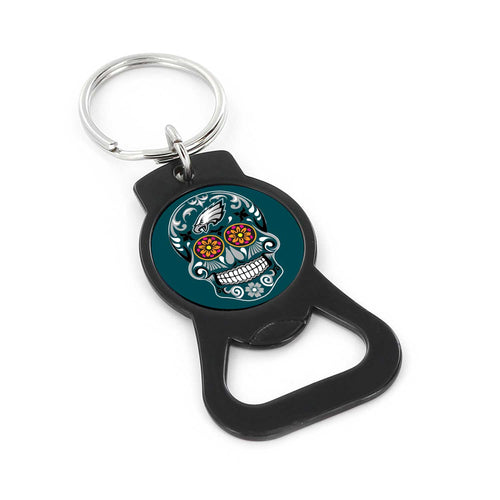 WHOLESALE PHILADELPHIA EAGLES SUGAR SKULL (BLACK) BOTTLE OPENER KEYCHAIN