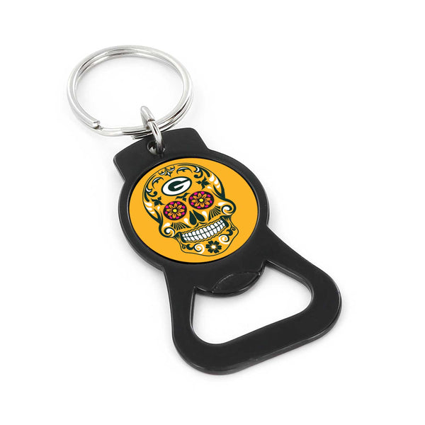 WHOLESALE GREEN BAY PACKERS SUGAR SKULL (BLACK) BOTTLE OPENER KEYCHAIN