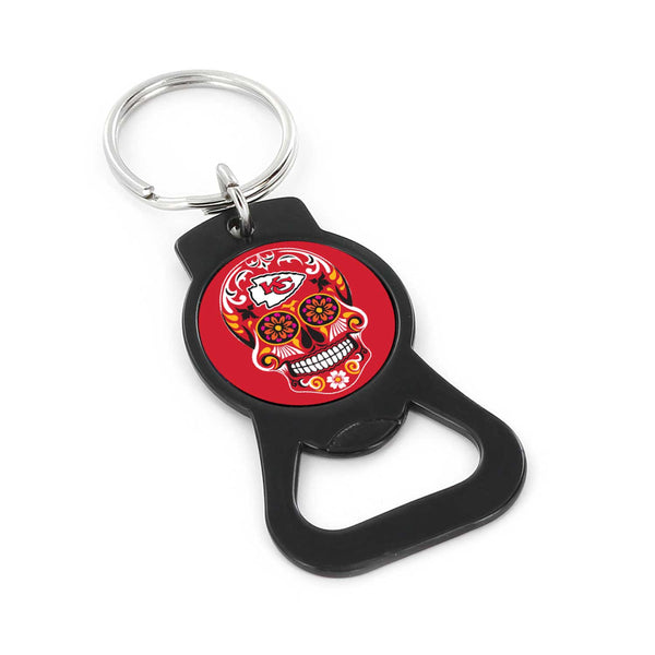 WHOLESALE KANSAS CITY CHIEFS SUGAR SKULL (BLACK) BOTTLE OPENER KEYCHAIN
