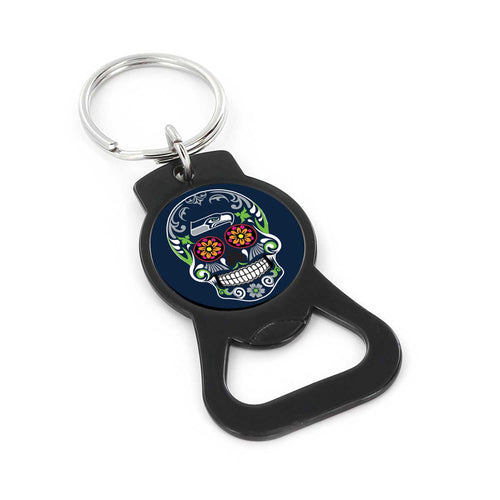WHOLESALE SEATTLE SEAHAWKS SUGAR SKULL (BLACK) BOTTLE OPENER KEYCHAIN