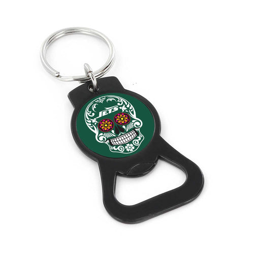 WHOLESALE NEW YORK JETS SUGAR SKULL (BLACK) BOTTLE OPENER KEYCHAIN
