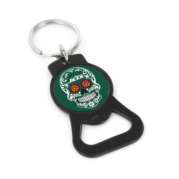 WHOLESALE NEW YORK JETS SUGAR SKULL (BLACK) BOTTLE OPENER KEYCHAIN