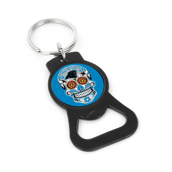 WHOLESALE CAROLINA PANTHERS SUGAR SKULL (BLACK) BOTTLE OPENER KEYCHAIN