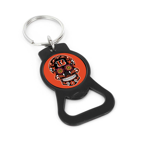 WHOLESALE CINCINNATI BENGALS SUGAR SKULL (BLACK) BOTTLE OPENER KEYCHAIN