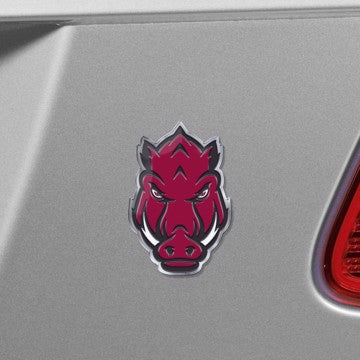 Wholesale-Arkansas Embossed Color Emblem 2 University of Arkansas Embossed Color Emblem 2 3.25” x 3.25 - Razorback Head" Mascot Logo SKU: 60628