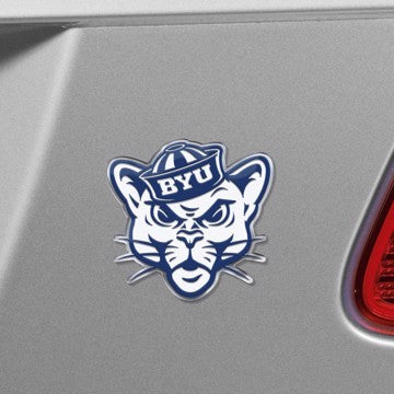 Wholesale-BYU Embossed Color Emblem 2 Brigham Young University Embossed Color Emblem 2 3.25” x 3.25 - "Cougar Head" Mascot Logo SKU: 60629