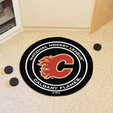 Wholesale-Calgary Flames Puck Mat NHL Accent Rug - Round - 27" diameter SKU: 10605