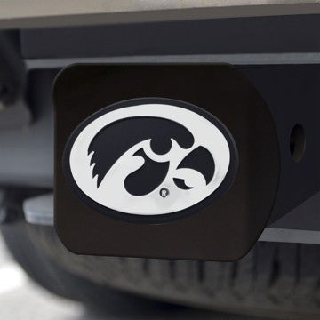Wholesale-Iowa Hitch Cover University of Iowa Chrome Emblem on Black Hitch 3.4"x4" - "Hawkeye" Logo SKU: 21031
