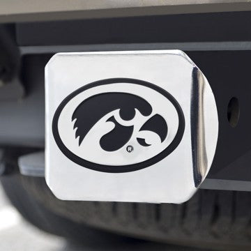 Wholesale-Iowa Hitch Cover University of Iowa Chrome Emblem on Chrome Hitch 3.4"x4" - "Hawkeye" Logo SKU: 15076