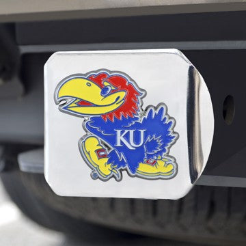 Wholesale-Kansas Hitch Cover University of Kansas Color Emblem on Chrome Hitch 3.4"x4" - "KU Bird" Logo SKU: 22689