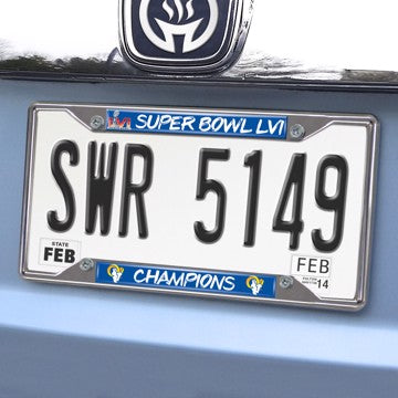 Wholesale-Los Angeles Rams Super Bowl LVI Chrome Metal License Plate Frame, 6.25in x 12.25in NFL Exterior Auto Accessory - 6.25" x 12.25" SKU: 33462