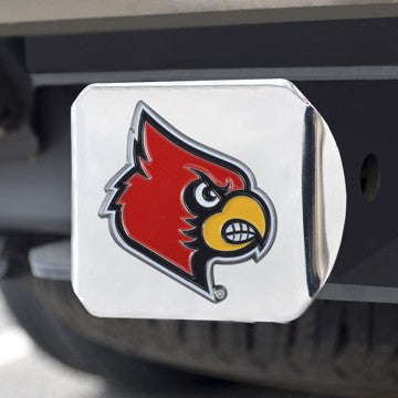 Wholesale-Louisville Hitch Cover University of Louisville Color Emblem on Chrome Hitch 3.4"x4" - "Cardinal" Logo SKU: 22694