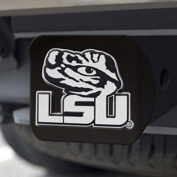 Wholesale-LSU Hitch Cover Louisiana State University Chrome Emblem on Black Hitch 3.4"x4" - "Tiger Eye & LSU Wordmark" Logo SKU: 21035