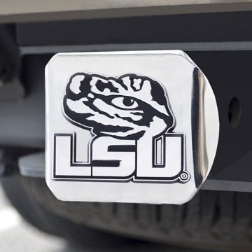 Wholesale-LSU Hitch Cover Louisiana State University Chrome Emblem on Chrome Hitch 3.4"x4" - "Tiger Eye & LSU Wordmark" Logo SKU: 14972