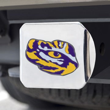 Wholesale-LSU Hitch Cover Louisiana State University Color Emblem on Chrome Hitch 3.4"x4" - "Tiger Eye" Logo SKU: 22693