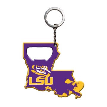 Wholesale-LSU Keychain Bottle Opener Louisiana State University Keychain Bottle Opener 3” x 3” - "Tiger Eye and Wordmark" Logo / Shape of Louisiana SKU: 62512