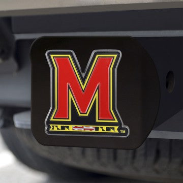 Wholesale-Maryland Hitch Cover University of Maryland Color Emblem on Black Hitch 3.4"x4" - "M & Flag Strip" Logo SKU: 22700