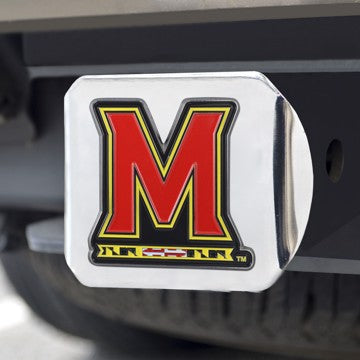 Wholesale-Maryland Hitch Cover University of Maryland Color Emblem on Chrome Hitch 3.4"x4" - "M & Flag Strip" Logo SKU: 22699