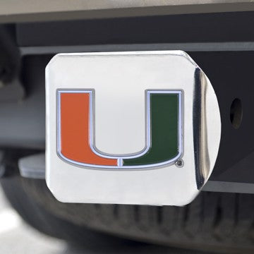 Wholesale-Miami Hitch Cover University of Miami Color Emblem on Chrome Hitch 3.4"x4" - "U" Logo SKU: 22701