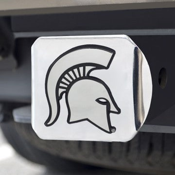 Wholesale-Michigan State Hitch Cover Michigan State University Chrome Emblem on Chrome Hitch 3.4"x4" - "Spartan Helmet" Logo SKU: 15073