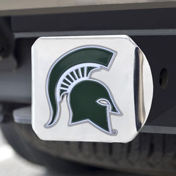 Wholesale-Michigan State Hitch Cover Michigan State University Color Emblem on Chrome Hitch 3.4"x4" - "Spartan Helmet" Logo SKU: 22703