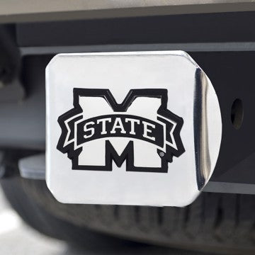 Wholesale-Mississippi State Hitch Cover Mississippi State University Chrome Emblem on Chrome Hitch 3.4"x4" - "M State" Logo SKU: 19242