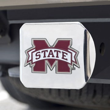 Wholesale-Mississippi State Hitch Cover Mississippi State University Color Emblem on Chrome Hitch 3.4"x4" - "M State" Logo SKU: 22707