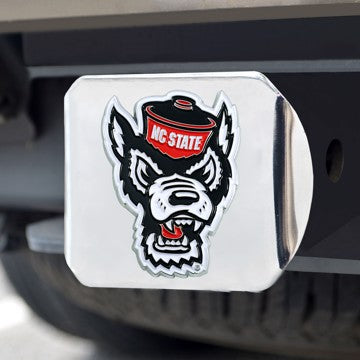 Wholesale-NC State Hitch Cover North Carolina State University Color Emblem on Chrome Hitch Cover 3.4"x4" - "Wolf Head" Logo SKU: 25588