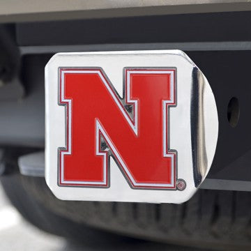Wholesale-Nebraska Hitch Cover University of Nebraska Color Emblem on Chrome Hitch 3.4"x4" - "Block N" Logo SKU: 22749