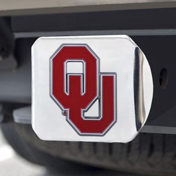 Wholesale-Oklahoma Hitch Cover University of Oklahoma Color Emblem on Chrome Hitch 3.4"x4" - "OU" Logo SKU: 22623