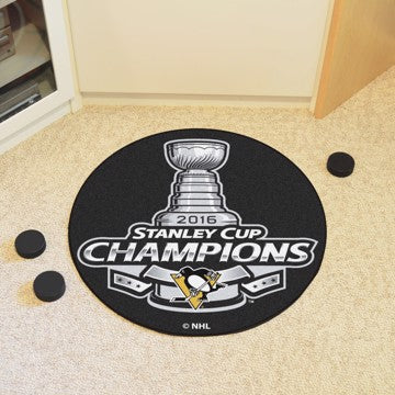 Wholesale-Pittsburgh Penguins 2016 Stanley Cup Champions Hockey Puck Mat NHL Accent Rug - Round - 27" diameter SKU: 20882