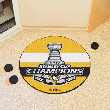 Wholesale-Pittsburgh Penguins 2017 Stanley Cup Champions Hockey Puck Mat NHL Accent Rug - Round - 27" diameter SKU: 16963