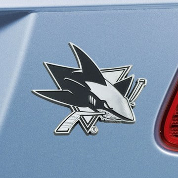 Wholesale-San Jose Sharks Emblem - Chrome NHL Exterior Auto Accessory - Chrome Emblem - 2" x 3.2" SKU: 25087