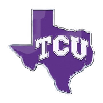 Wholesale-TCU Embossed State Emblem Texas Christian University Embossed State Emblem 3.25” x 3.25 - "TT" Primary Logo / Shape of Texas SKU: 60887