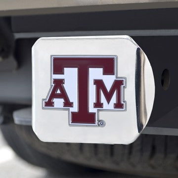 Wholesale-Texas A&M Hitch Cover Texas A&M University Color Emblem on Chrome Hitch 3.4"x4" - "ATM" Logo SKU: 22825