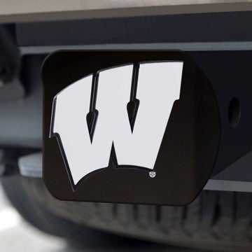 Wholesale-Wisconsin Hitch Cover University of Wisconsin Chrome Emblem on Black Hitch 3.4"x4" - "W" Logo SKU: 21055