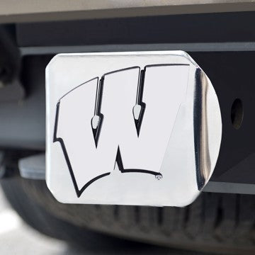 Wholesale-Wisconsin Hitch Cover University of Wisconsin Chrome Emblem on Chrome Hitch 3.4"x4" - "W" Logo SKU: 15091