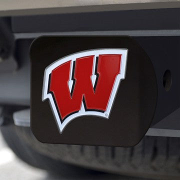 Wholesale-Wisconsin Hitch Cover University of Wisconsin Color Emblem on Black Hitch 3.4"x4" - "W" Logo SKU: 22854