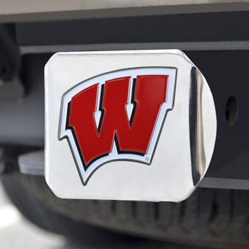 Wholesale-Wisconsin Hitch Cover University of Wisconsin Color Emblem on Chrome Hitch 3.4"x4" - "W" Logo SKU: 22853
