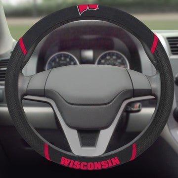 Wholesale-Wisconsin Steering Wheel Cover University of Wisconsin Steering Wheel Cover 15"x15" - "W" Logo & "Wisconsin Badgers" Wordmark SKU: 14933